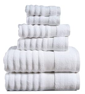 lane linen ribbed white bath towels - 100% cotton towel sets for bathroom, zero twist, soft textured bathroom towels, absorbent, quick dry, 2 bath towels, 2 hand towels, 2 wash cloths - 6 piece set
