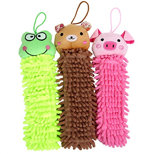 Gulilasa Chenille Fiber Hand Towel 3 in 1 Set Cute Cartoon (Bear tan-Frog Green-Pig Pink)