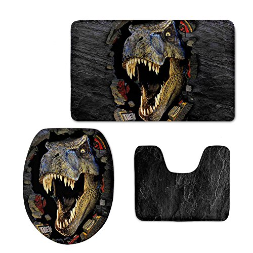 HUGS IDEA Cool 3D Dinosaur Animal Pattern Non-Slip Soft Bath Mat Set with Rug/Contour/Lid Cover (3piece)