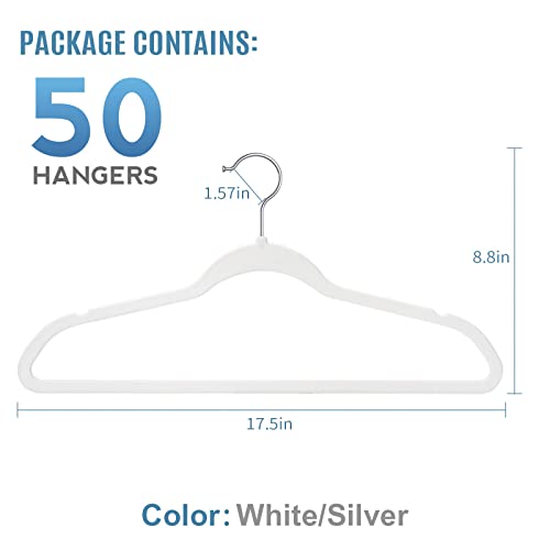 TIMMY Hangers Non-Slip Velvet Hangers - Suit Hangers (50-Pack) Ultra Thin Space Saving Coat Hanger and Heavy Duty Clothes Hangers Hold Up-to 10 Lbs-White/Silver