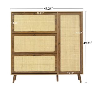 QEIUZON Rattan Shoe Cabinet, Shoe Storage Cabinet with 3 Rattan Flip Drawers and Storage Shelves, Freestanding 3-Tier Shoe Rack Storage Cabinet for Entryway, Hallway, Bedroom,Walnut