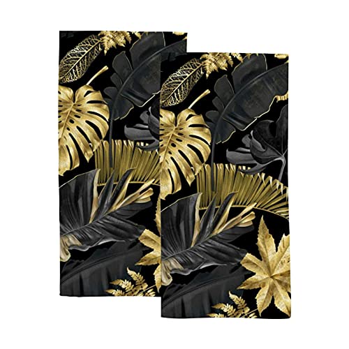 Hand Towels Set for Bathroom,Absorbent Dish Towels for Gym Spa,30"x15"，Gold Black Tropical Leaf(2 PCS)