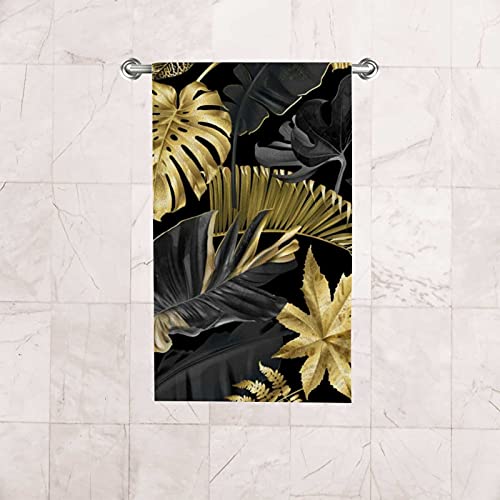 Hand Towels Set for Bathroom,Absorbent Dish Towels for Gym Spa,30"x15"，Gold Black Tropical Leaf(2 PCS)