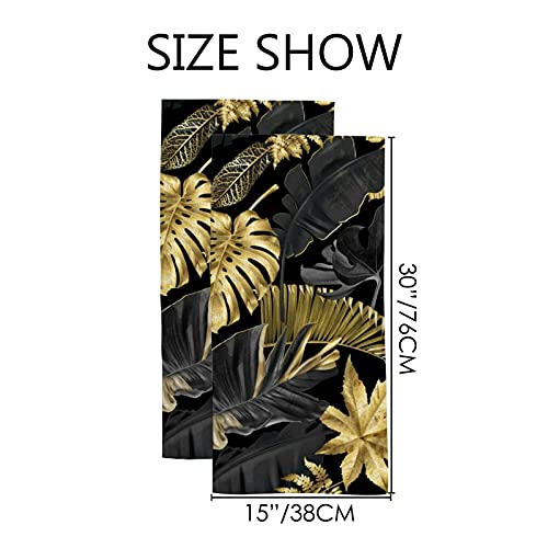 Hand Towels Set for Bathroom,Absorbent Dish Towels for Gym Spa,30"x15"，Gold Black Tropical Leaf(2 PCS)