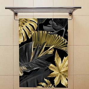 Hand Towels Set for Bathroom,Absorbent Dish Towels for Gym Spa,30"x15"，Gold Black Tropical Leaf(2 PCS)