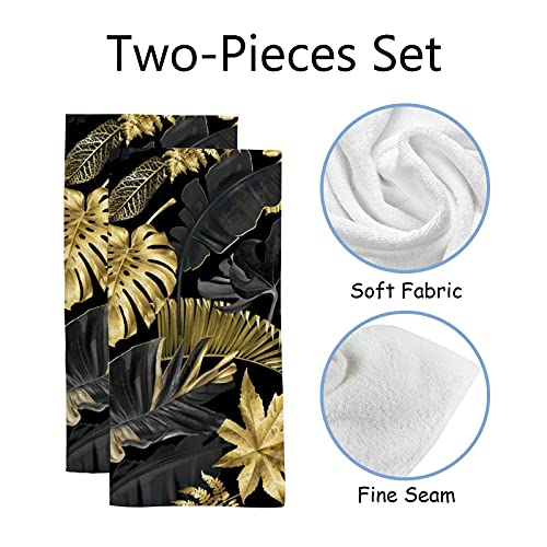 Hand Towels Set for Bathroom,Absorbent Dish Towels for Gym Spa,30"x15"，Gold Black Tropical Leaf(2 PCS)