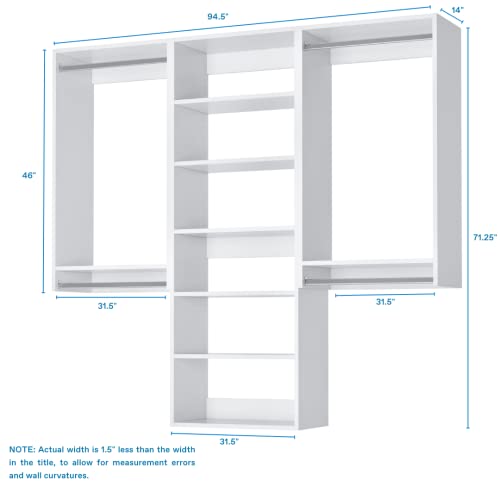 Closet Kit with Hanging Rods & Shelves - Corner Closet System - Closet Shelves - Closet Organizers and Storage Shelves (White, 96 inches Wide) Closet Shelving