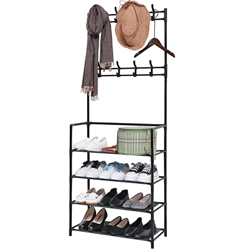 Quekuin Coat Rack Shoe rack Hall Tree 3 in 1 Designed of Metal Storage Rack with Bag ，Coat， Hat ，Shoe Rack Fits Your Hallway， entryway with 4-Tier Shelf for Storage Shoes ，Clothes(black)