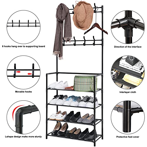 Quekuin Coat Rack Shoe rack Hall Tree 3 in 1 Designed of Metal Storage Rack with Bag ，Coat， Hat ，Shoe Rack Fits Your Hallway， entryway with 4-Tier Shelf for Storage Shoes ，Clothes(black)