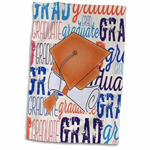 3drose - beverly turner graduation design - bright orange graduation cap and diploma, colorful graduation words - towels (twl-255982-1), 15" x 22"