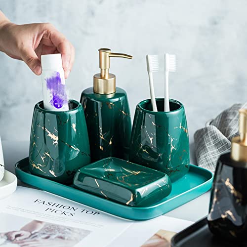 Bathroom Accessories Set Ceramic Soap Dispenser Toothbrush Holder Bathroom Tumbler Soap Dish Vanity Tray Bathroom Decor Modern Marble Print Countertop Accessory Set (Black 5-piece set)