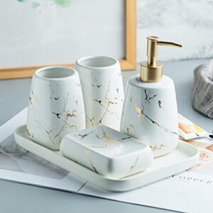 Bathroom Accessories Set Ceramic Soap Dispenser Toothbrush Holder Bathroom Tumbler Soap Dish Vanity Tray Bathroom Decor Modern Marble Print Countertop Accessory Set (Black 5-piece set)