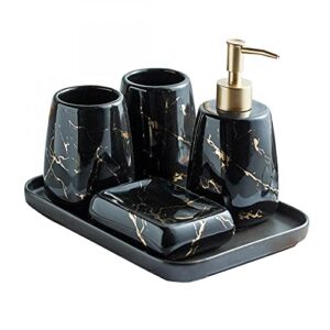 Bathroom Accessories Set Ceramic Soap Dispenser Toothbrush Holder Bathroom Tumbler Soap Dish Vanity Tray Bathroom Decor Modern Marble Print Countertop Accessory Set (Black 5-piece set)