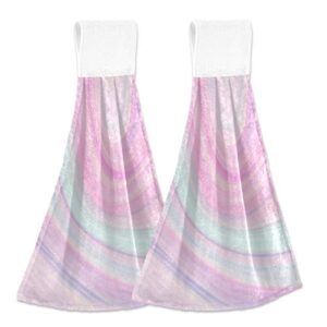 alaza rainbow unicorn marble kitchen towels with hanging loop absorbent & fast drying dishtowels set of 2