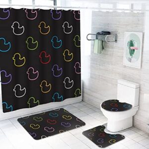 4 pcs duck rubber black bathroom shower curtain set with waterproof shower curtain, non-slip soft flannel rugs, toilet lid cover, bath mat and 12 hooks 72"x72"