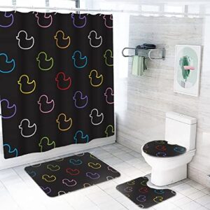 4 Pcs Duck Rubber Black Bathroom Shower Curtain Set with Waterproof Shower Curtain, Non-Slip Soft Flannel Rugs, Toilet Lid Cover, Bath Mat and 12 Hooks 72"x72"