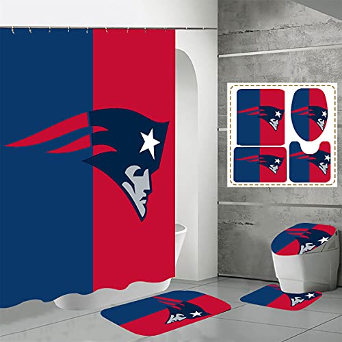 Deerno 4 Pcs Shower Curtain Set with Toilet Lid Cover Mat Non-Slip Rug Bath Mat and Waterproof Shower Curtains with Hooks American Sports Football Bathroom Decoration Machine Washable