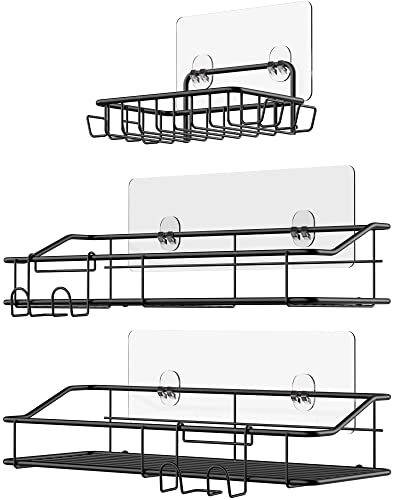 Nieifi Shower Caddy Basket with Hooks Soap Dish Holder Shelf for Shampoo Conditioner Bathroom Kitchen Storage Organizer SUS304 Stainless Steel Adhesive No Drilling - 3 Pack Black