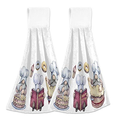 KOCOART Gnome Bakers Kitchen Hand Towels Sweet Donut Cake Hanging Towel Dishcloths with Loop 2PCS, Soft Super Absorbent Fingertip Towel for Bathroom Washroom Guestroom Hotel 12x17 in