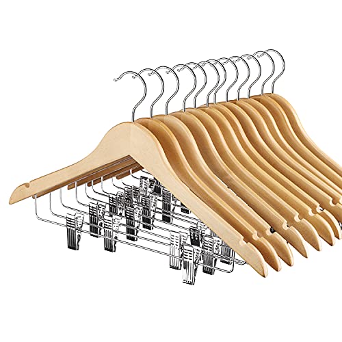 HOUSE DAY 12 Pack High-Grade Wooden Suit Hangers Skirt Hangers with Clips Solid Wood Pants Hangers Natural Smooth Finish Premium Wood Hangers with Durable Metal Clips for Blouse, Dress, Coat, Jacket