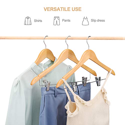 HOUSE DAY 12 Pack High-Grade Wooden Suit Hangers Skirt Hangers with Clips Solid Wood Pants Hangers Natural Smooth Finish Premium Wood Hangers with Durable Metal Clips for Blouse, Dress, Coat, Jacket