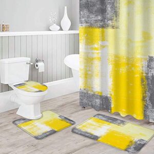 z&l home 4 piece bathroom set abstract geometric art, waterproof shower curtain with hooks, non slip bath rugs- toilet lid cover and bathroom floor mats abstract yellow and gray