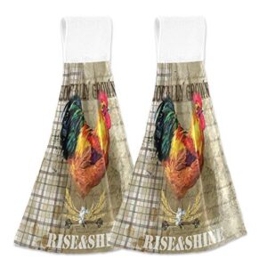 rooster daisy plaid kitchen hanging towel 12 x 17 inch flowers chicken wheat hand tie towels set 2 pcs tea bar dish cloths dry towel soft absorbent durable for bathroom laundry room decor