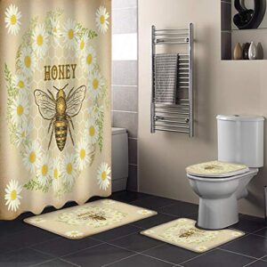 shower curtain set with bathroom rugs and mats vintage farm honey bee daisy flower wreath bathroom rugs set 4 piece,non-slip rugs,toilet lid cover and bath mat,waterproof shower curtain for tub