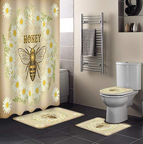 Shower Curtain Set with Bathroom Rugs and Mats Vintage Farm Honey Bee Daisy Flower Wreath Bathroom Rugs Set 4 piece,Non-Slip Rugs,Toilet Lid Cover and Bath Mat,Waterproof Shower Curtain for Tub