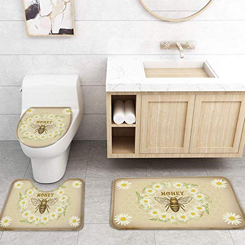 Shower Curtain Set with Bathroom Rugs and Mats Vintage Farm Honey Bee Daisy Flower Wreath Bathroom Rugs Set 4 piece,Non-Slip Rugs,Toilet Lid Cover and Bath Mat,Waterproof Shower Curtain for Tub