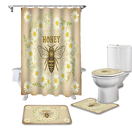 Shower Curtain Set with Bathroom Rugs and Mats Vintage Farm Honey Bee Daisy Flower Wreath Bathroom Rugs Set 4 piece,Non-Slip Rugs,Toilet Lid Cover and Bath Mat,Waterproof Shower Curtain for Tub