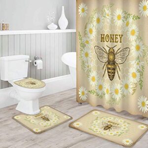 Shower Curtain Set with Bathroom Rugs and Mats Vintage Farm Honey Bee Daisy Flower Wreath Bathroom Rugs Set 4 piece,Non-Slip Rugs,Toilet Lid Cover and Bath Mat,Waterproof Shower Curtain for Tub