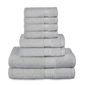 GLAMBURG Ultra Soft 8 Piece Towel Set - 100% Pure Ring Spun Cotton, Contains 2 Oversized Bath Towels 27x54, 2 Hand Towels 16x28, 4 Wash Cloths 13x13 - Ideal for Everyday use, Hotel & Spa - Light Grey