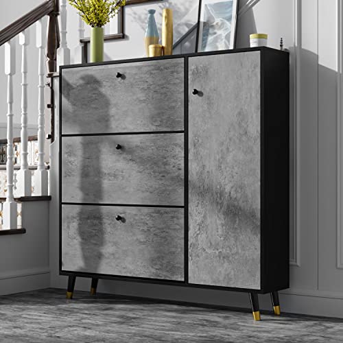 DiDuGo Shoe Cabinet Shoe Storage Organizer with 3 Flip Drawers & Locker, Shoe Storage Cabinet with Wooden Legs, for Entryway Rustic Grey and Dark Grey (47.2”W x 9.3”D x 47.2”H)