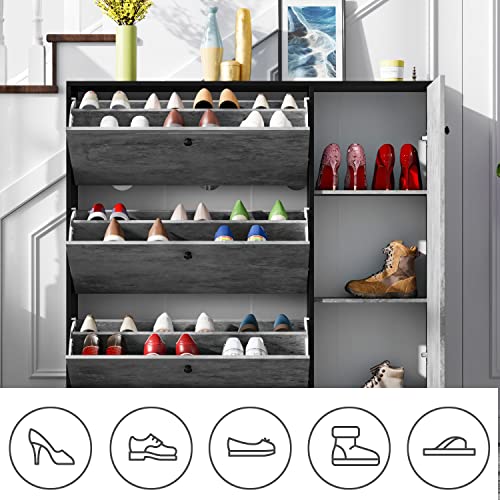 DiDuGo Shoe Cabinet Shoe Storage Organizer with 3 Flip Drawers & Locker, Shoe Storage Cabinet with Wooden Legs, for Entryway Rustic Grey and Dark Grey (47.2”W x 9.3”D x 47.2”H)