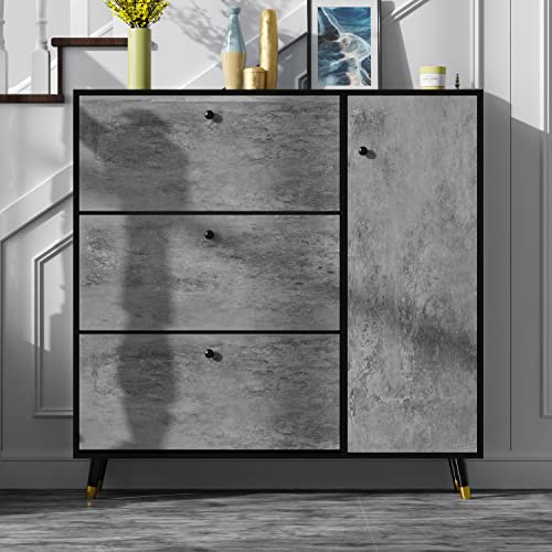 DiDuGo Shoe Cabinet Shoe Storage Organizer with 3 Flip Drawers & Locker, Shoe Storage Cabinet with Wooden Legs, for Entryway Rustic Grey and Dark Grey (47.2”W x 9.3”D x 47.2”H)