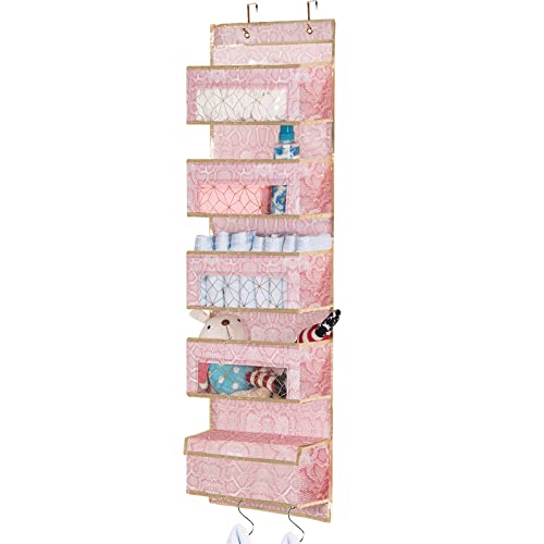 DAMAHOME Over Door Hanging Organizer - Closet Door Storage Organizer 5 Large Pockets, Door Organizer Hanging Clear Window Pocket, 4 Metal Hooks for Baby Nursery Bedroom Pantry Bathroom (Pink)