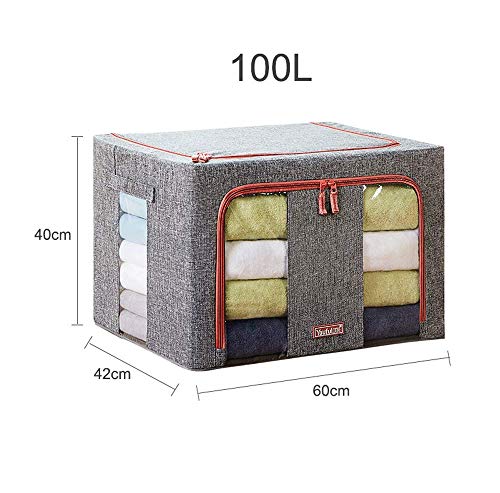 BOLLAER Flodable Storage Box, Oxford Cloth Steel Frame Shelf Storage Bag Quilt Clothing Blanket Container Organizer See-Through Window Double Zipper (100L)