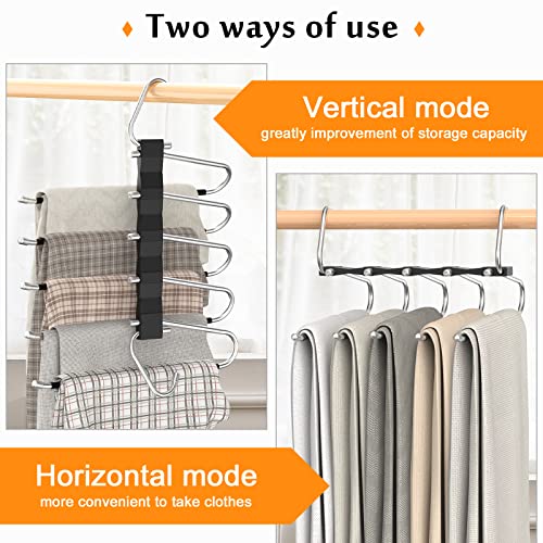Loretoy 2 Pack Pants Hangers Space Saving, Anti-Slip Multi-Functional Pants Rack, Thickened Stainless Steel Tube with 10 Metal Clips, Two Hanging Modes Suitable for Jeans Trousers Skirts Scarf-Black