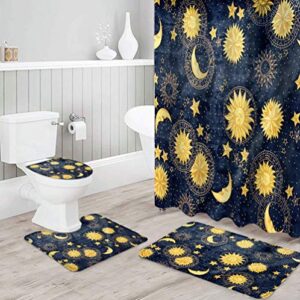 4 piece shower curtain sets with bath rugs night vintage moon sun star,non-slip floor mat, toilet lid covers, u-shape contoured pad yellow celestial fabric midnight bathroom set for home decor