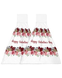 hanging kitchen towels 2 pack, happy valentines day hand towel with loop absorbent dish cloth tie towels for bathroom laundry room decor hand dry towel rose heart plaid leopard print