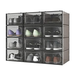 aoteng star drop front shoe boxes 12 pack shoes storage containers organizer stackable,plastic shoe storage box sneaker cases for closets entryway bedroom garage,fits men's us size 5.0-10