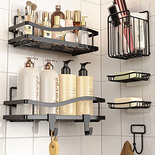 AUOTTO 6-Pack Shower Organizer, Large Capacity Shower Caddy, Stainless Steel Bathroom Organizer, No Drilling & Large Space & Rustproof & Strong Adhesive, Shower Shelf Bathroom Shelves Storage, Black