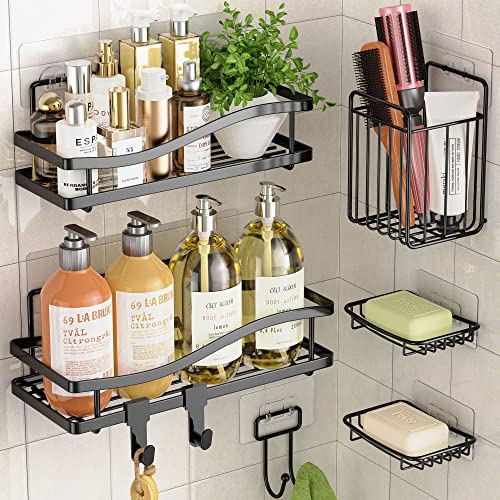 AUOTTO 6-Pack Shower Organizer, Large Capacity Shower Caddy, Stainless Steel Bathroom Organizer, No Drilling & Large Space & Rustproof & Strong Adhesive, Shower Shelf Bathroom Shelves Storage, Black