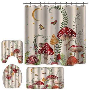 gudaguu 4 piece boho mushroom shower curtain and bath mat set,butterfy plant moon bohomian bathroom decor with non slip rugs mats toilet seat cover hooks waterproof 71 inch long (gray)