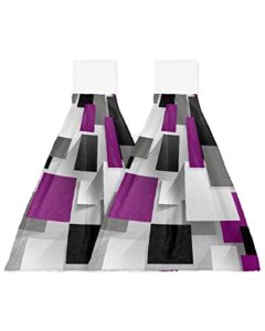 2 pcs kitchen hand towels, purple geometry soft plush hanging tie towels with loop for kitchen bathroom dish cloth tea bar towel modern abstract art ombre black grey