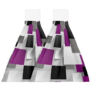 2 PCS Kitchen Hand Towels, Purple Geometry Soft Plush Hanging Tie Towels with Loop for Kitchen Bathroom Dish Cloth Tea Bar Towel Modern Abstract Art Ombre Black Grey