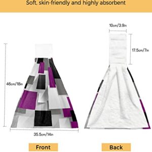 2 PCS Kitchen Hand Towels, Purple Geometry Soft Plush Hanging Tie Towels with Loop for Kitchen Bathroom Dish Cloth Tea Bar Towel Modern Abstract Art Ombre Black Grey