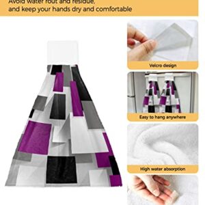 2 PCS Kitchen Hand Towels, Purple Geometry Soft Plush Hanging Tie Towels with Loop for Kitchen Bathroom Dish Cloth Tea Bar Towel Modern Abstract Art Ombre Black Grey