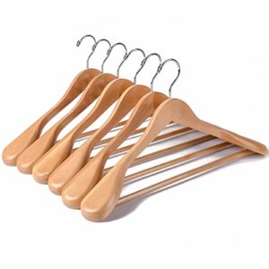 amber home 6 pack wide shoulder wooden suit coat hangers with non slip pants bar, solid wood jacket clothes hangers smooth finish for sweater, pants, heavy clothes (natural, 6 pack)